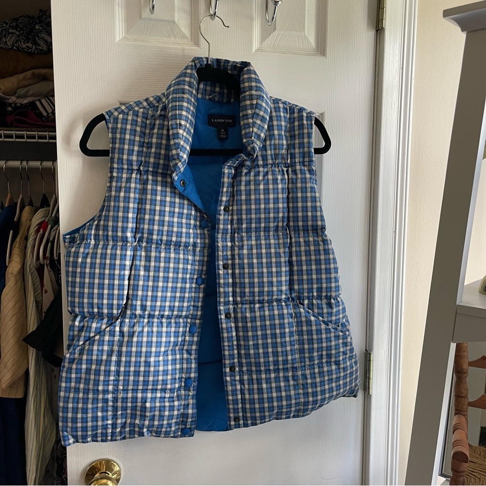 lands end boys blue plaid puffer vest